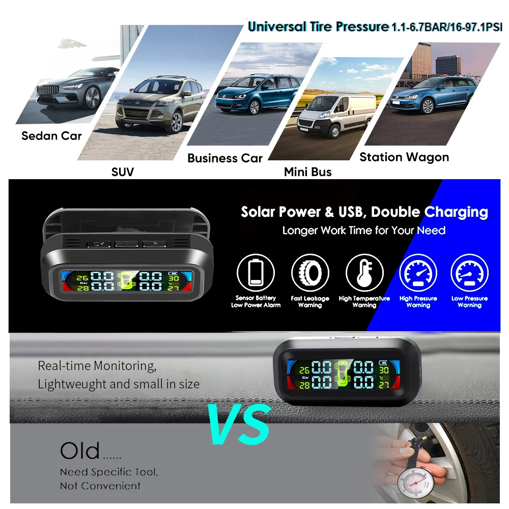 

Система контроля давления в шинах TPMS, большой экран, цветной дисплей, 4 датчика, солнечная зарядка
