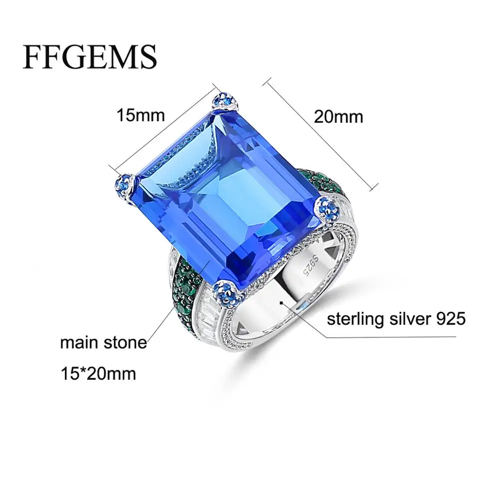 FFGEMS 100% Стерлинговое Серебро 925 пробы большие кольца голубой сапфир аквамарин