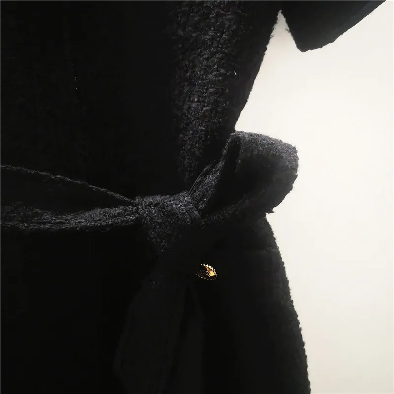 

2020 Autumn And Winter New Fashion Small Fragrant Wind Woolen Robe Pleated Stitching Skirt Short Sleeved Black Women's DressC073