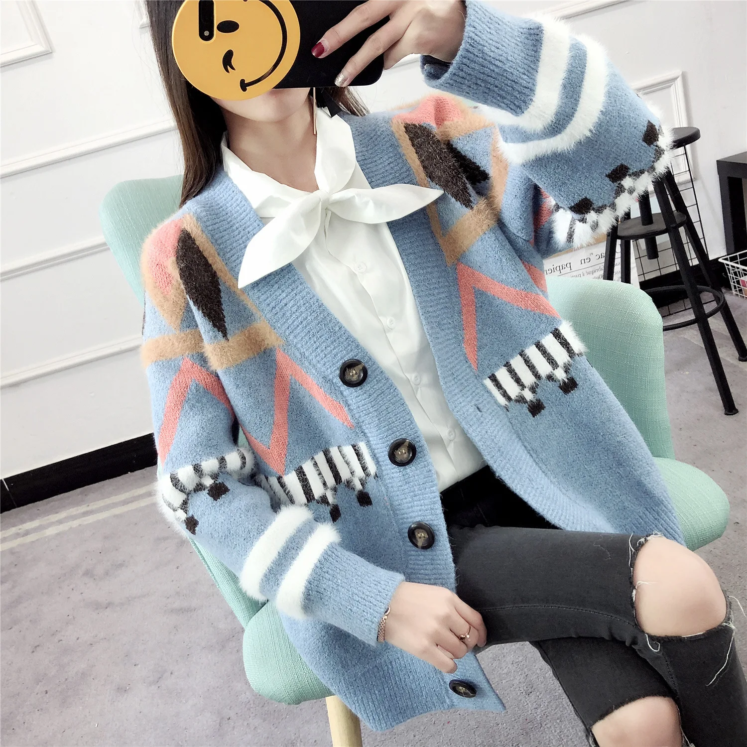 Кардиган Свитер Повседневный с v-образным вырезом пуговицами длинный кардиган