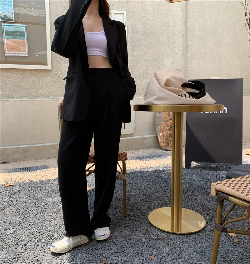 

Hot Sale Black 2021 Retro All Match OL Solid Women Blazers+New Elegant Loose Vintage Straight Trouser Suits 2 Piece Sets