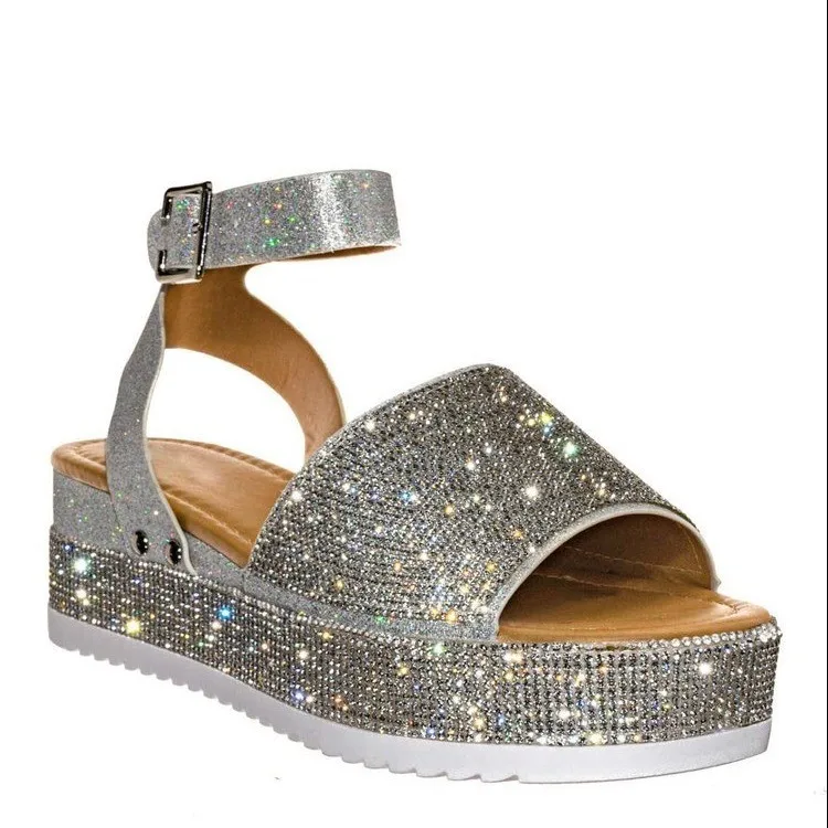 

Female Sandal 2021 Women's Large Size Spring Shoes Clogs With Heel Girls New Big Beige Fashion Comfort Rhinestone Low Thick PU R