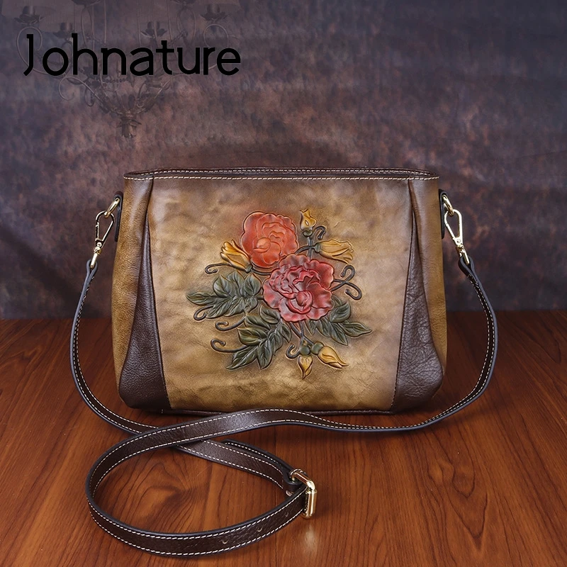 Женская винтажная сумка на молнии Johnature из натуральной воловьей кожи с цветочным
