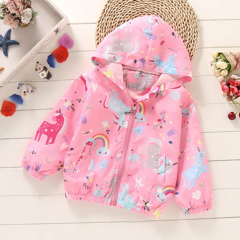 Spring Summer Kids Girls Windbreaker Unicorn Jackets Cartoon Hooded Blue Color for Child Outerwear 2-8years Old | Детская одежда и