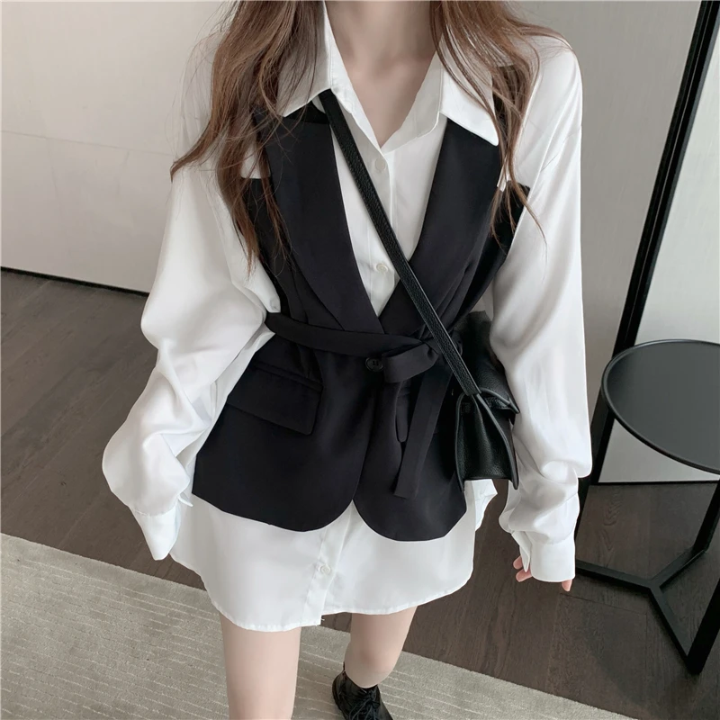 

GRUIICEEN fashion new turn down collar blouse women patchwork slim waist long blouse shirt with belt