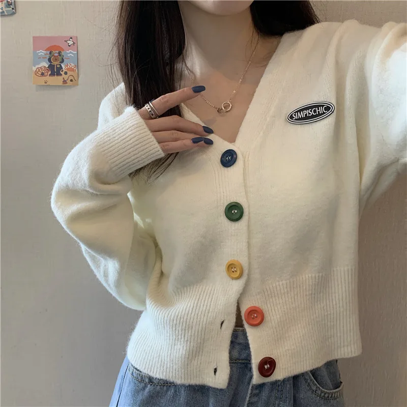 

Fall Short Cardigans Women 2021 Spring Fashion Knit Tops Multi Color Button Up Cropped Cardigan Knitted V Neck Sweater