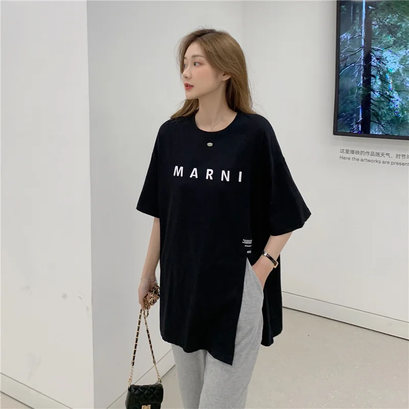 

2021 Letter Printing Loose Leisure All-Matching Tee Summer Top Korean Clothes Tshirt Women Vogue Casual