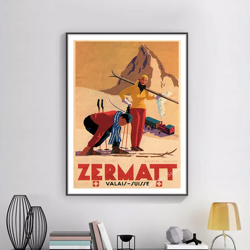 Ретро Картина на холсте лыжи в Америке катание лыжах винтажные настенные постеры