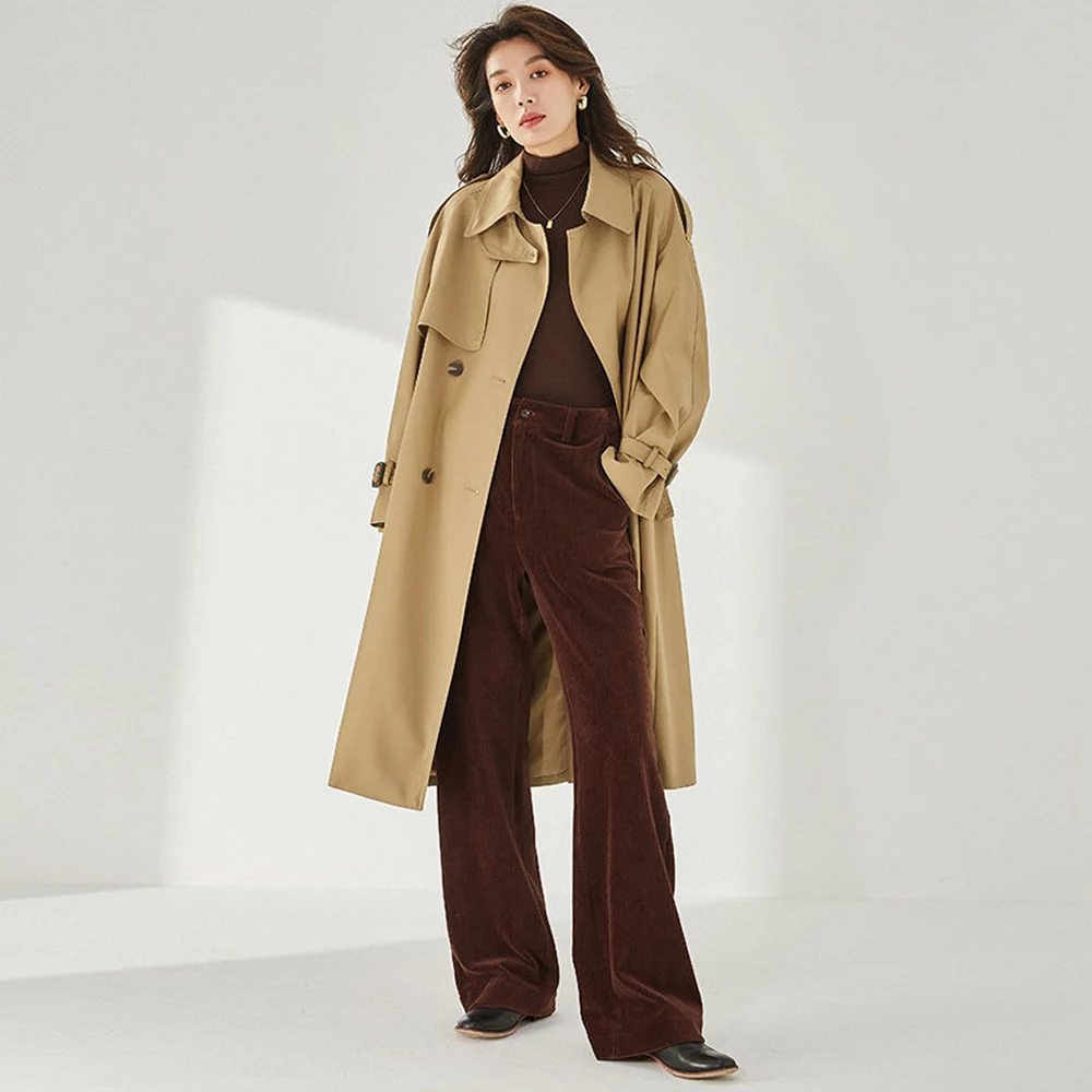 

Double Breasted Casual Long Coat Belted Windbreaker Runway Dusters for Women Khaki Trench Coat Simple Fall Clothes Korean Coats