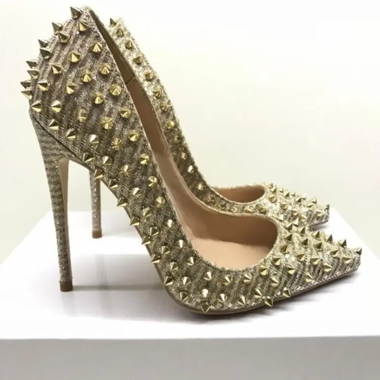 

Light gold sequins 12CM rivets high heels fine with shallow mouth pointed sexy single shoes party nightclub women's shoes