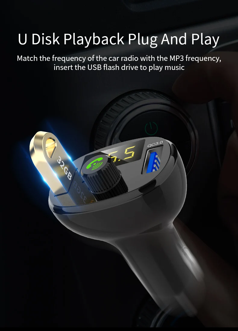 

FM Transmitter Bluetooth Car Wirless Radio Adapter MP3 Music Player with Dual USB QC3.0 Charger U disk / TF Card lossless Music