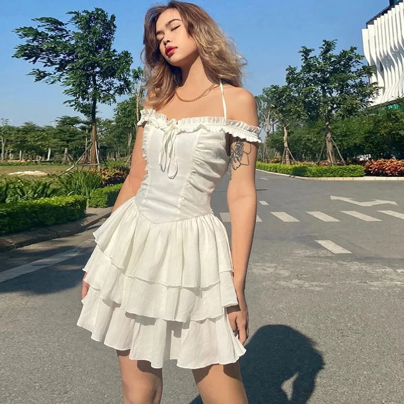 

2021 New Summer Sexy Print Camisole A-Line Mini Dress Women Casual Elegant Ruffles Bow Bandage Dress Party Vacation