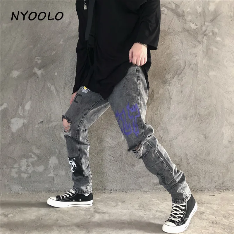 NYOOLO High Street винтажные джинсы с принтом граффити и потертыми дырками осенние тонкие длинные джинсовые мотоциклетные брюки в стиле хип-хоп для женщин и мужчин