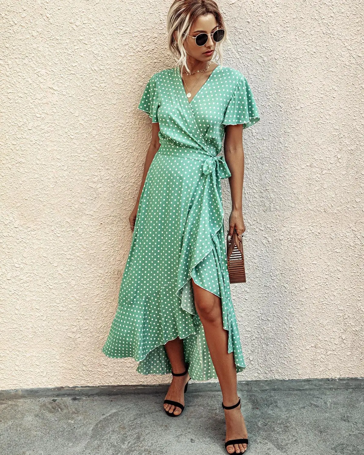 

2020 Vintage polka dot Women Long dress Summer high waist Wrap Sexy dresses Holiday Ladies High Waist Ruffles Dress Vestidos