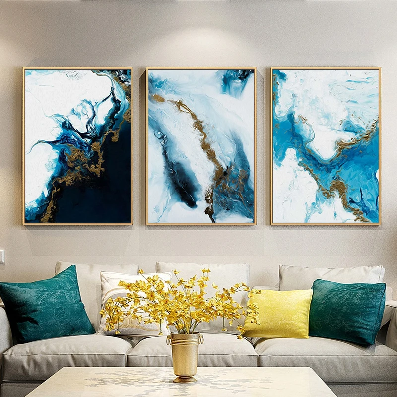 

Modern Nordic Abstract Color Splash Blue Gold Canvas Painting Poster Living Room Bedroom Unique Decorative Wall Art Picture