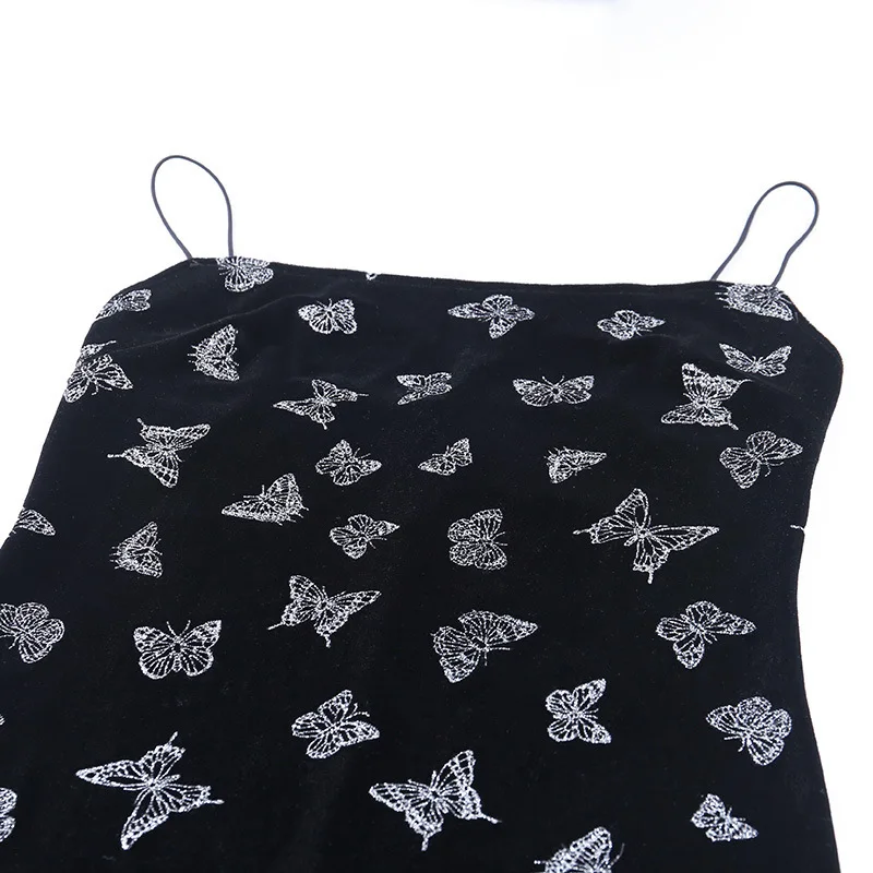 

Dark Style Sexy Butterfly Print Split Black Dress Gothic Suede Sexy Sling Dress with Square Neck Bag Hip Sexy Cheongsam Dress