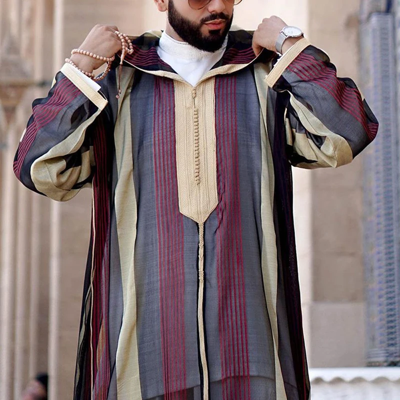 

Arabia Islamic Kaftan Muslim Robes Thobe Fashion Men's Patchwork Lapel Robes Men New Casual Striped Print Long Sleeve Loose Robe