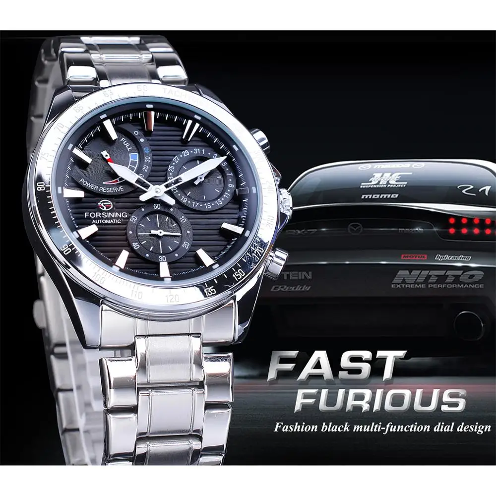 Forsining Power Reserve Design Men Automatic Mechanical Watch Black Silver Stainless Steel Date Waterproof Luminous Clock | Наручные часы