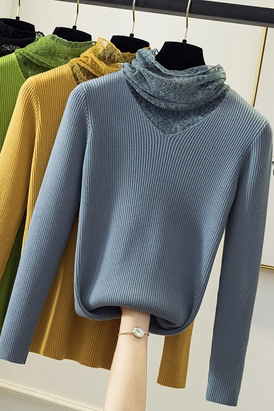 

Fall Winter 2020 New Lace Turtleneck Stitching Sweater Women Thick Warm Pullover Slim Long Sleeve Knitted Bottoming Tops Clothes
