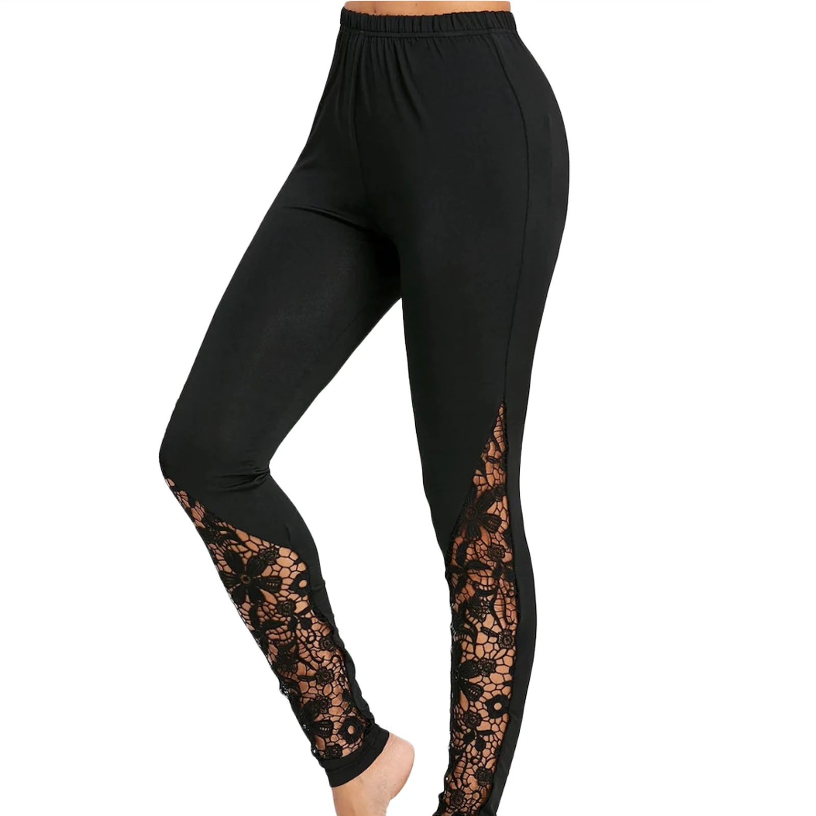 Sexy High Waist Black Lace Leggings Women's Ladies Floral Lace Side Panel Cut Out Black Leggings S-2XL