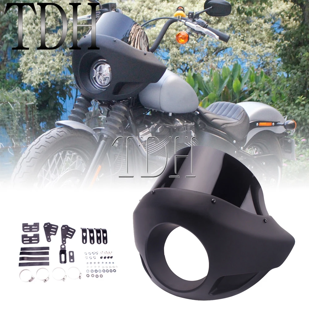 

5.75" Cafe Racer Motorcycle Balck Headlight Fairing Front Light Mask Cowl For Harley Touring 883 Dyna Iron Street Glide FXD