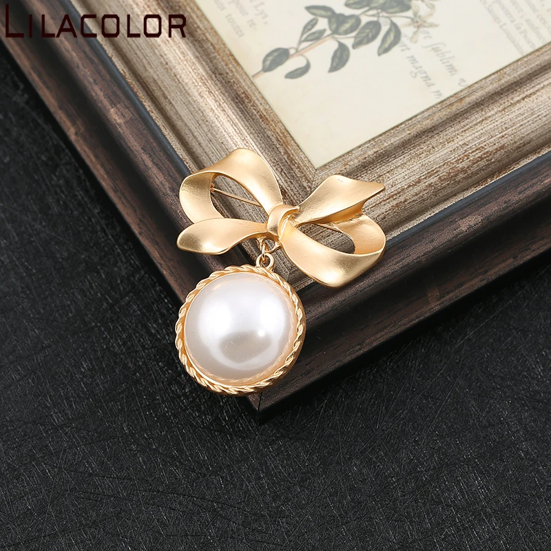 Lilacolor металлические креативные Броши с золотым жемчугом и бантом для женщин