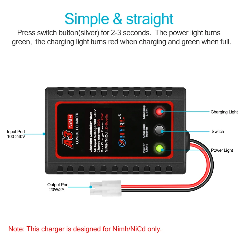HTRC A3 20W Compact Charger with Tamiya Plug RC for Car Boat 2-8s NiMH Nicd Battery | Электроника