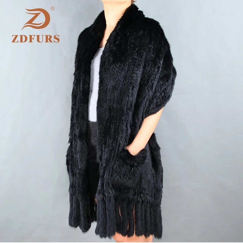 ZDFURS* роскошный женский настоящий вязаный кроличий мех шарфы с кисточками женские пашмины шарфы осень зима женские меховые шали