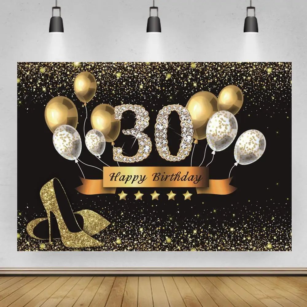 

Black Sweet 16th 18th 20th 30Th Birthday Party Shiny Diamond Dots Balloons Customized Banner Photo Background Photo Backdrops