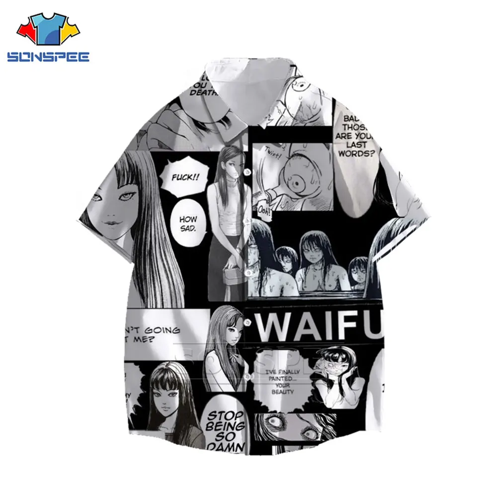 SONSPEE Horror Manga Junji Ito Shirt 3D Print Tomie Kawakami Hawaiian Shirt Summer Harajuku Casual Oversized Trend Shirts Blouse