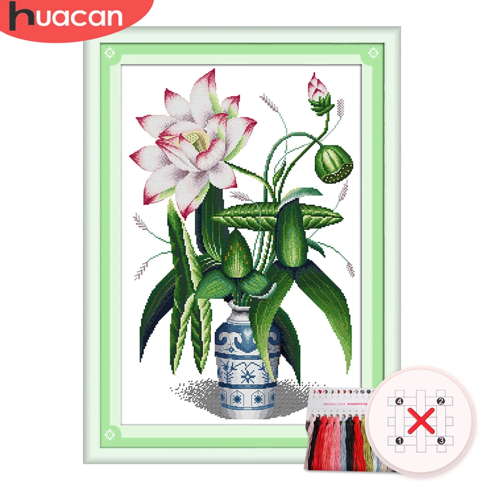 

HUACAN Embroidery Cross Stitch Flower Kits Floral Sets White Canvas DIY Gift Home Decoration Needlework 11CT 14CT