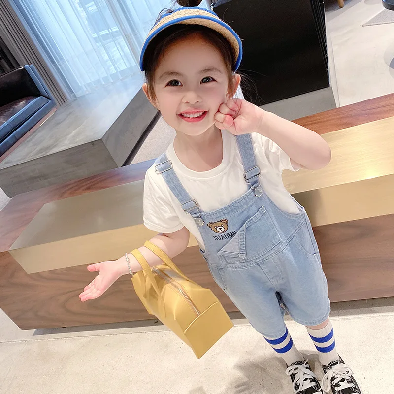 

HYLKIDHUOSE 2021 Summer Girls Clothing Sets Children Kids Casual Outfit Short Sleeve T Shirt Denim Shorts Vacation Clothing