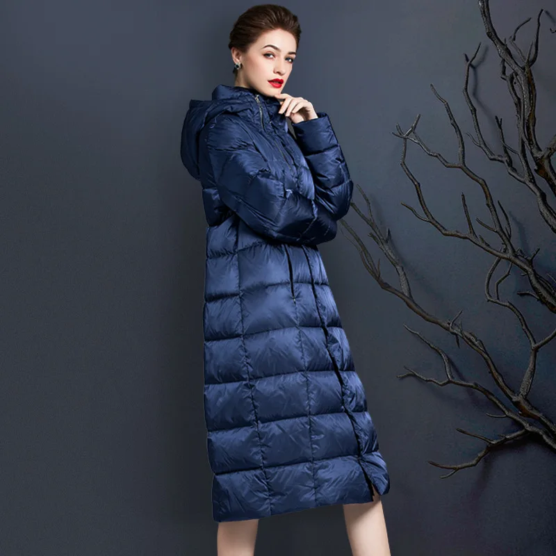 

221 Original Mid-length Thick Down Jacket Women's Winter Wear Over The Knee Blue High Waist Large Size Hooded Loose Bread Jacket