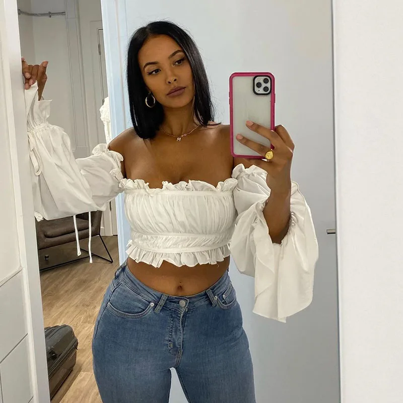 

Off Shoulder Top Women Long Sleeve Ruffle Top 2020 Ladies White Elegant Top Party Blusas