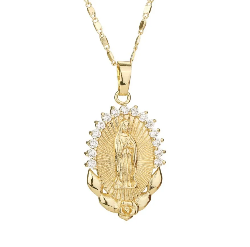 

Holy Virgin Mary Pendant Necklace Religion Dainty Golden Christian Cubic Zircon Necklace Women Collier Femme Christian Jewelry