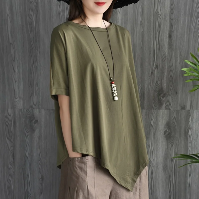 Женские китайские топы Летняя асимметричная Винтажная футболка Женская