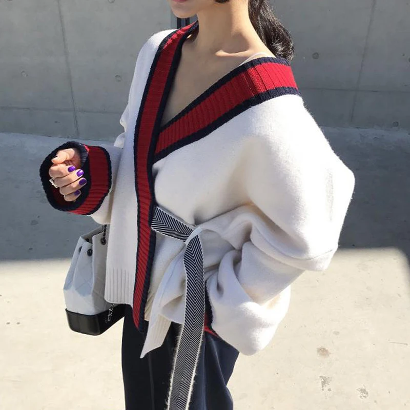 Genayooa лоскутный кардиган женский Повседневный свитер длинный рукав шнуровка