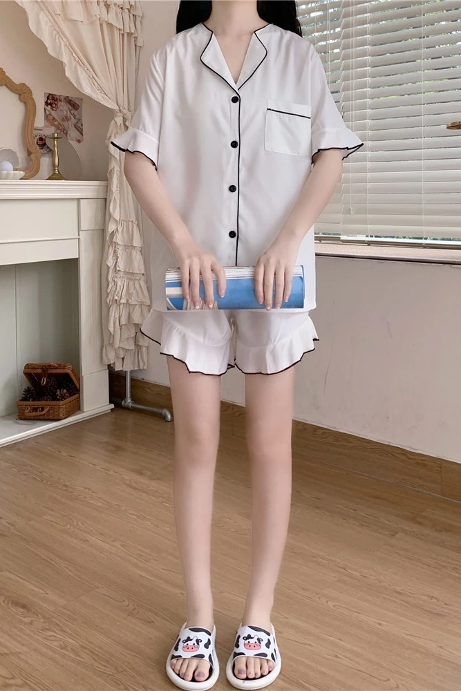 

Summer Cute Pajamas Women Lace Short-Sleeved Shorts Two-Piece Solid Color Lapel Home Service