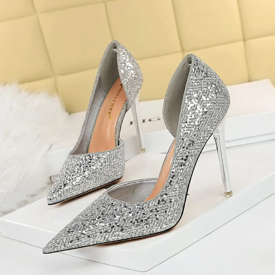 

2022 Women 10.5cm High Heels Glitter Bling Pumps Lady Sexy Elegant Wedding Bride Heels Prom Fetish Scarpins Plus Size 43 Shoes