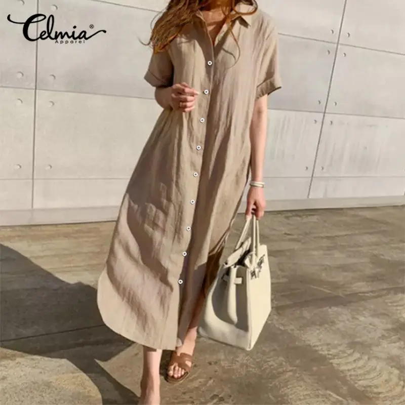 Celmia женские льняное платье мод с коротким рукавом повседневные свободные миди