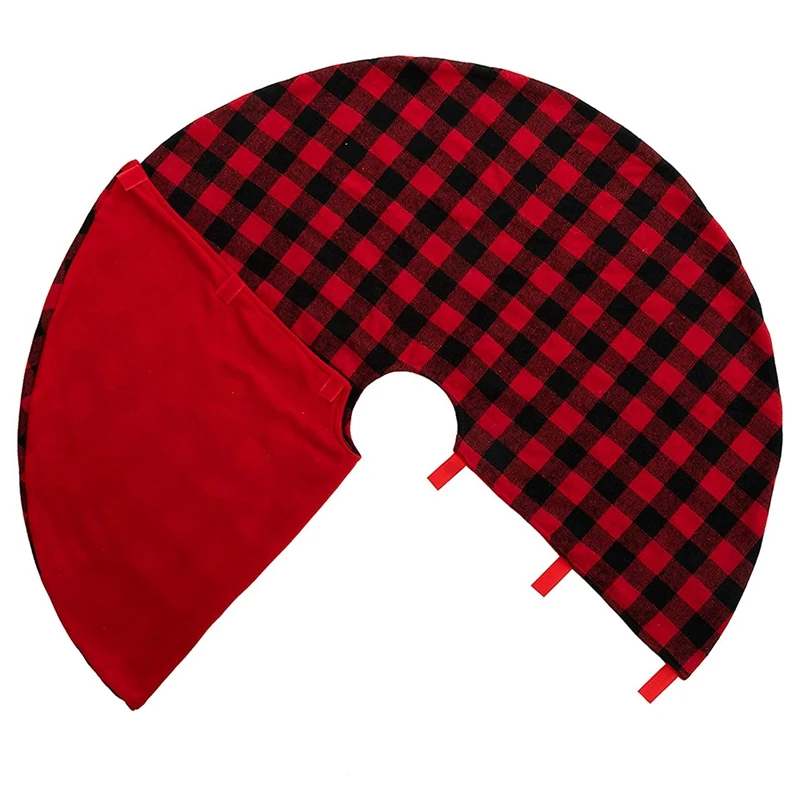 

48Inch Plaid Christmas Tree Skirt - Black and Red Checked Tree Skirts for Farmhouse Christmas Holiday Party Decorations