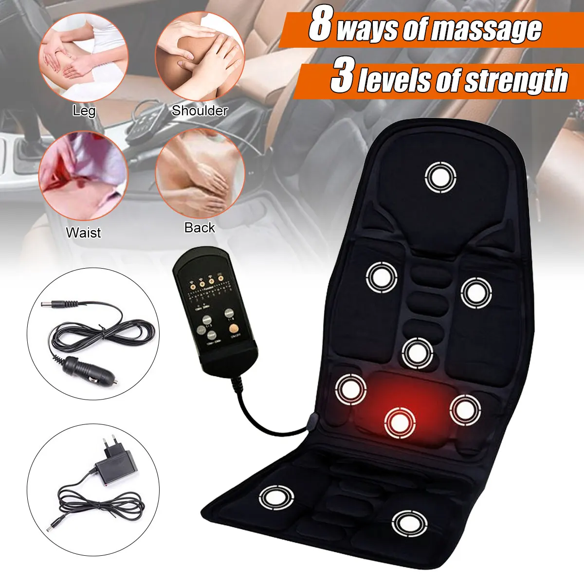 

Massage Cushion for Car 12V 3 Gears 8 Mods Heating Vibration Back Massage Chair Home Office Lumbar Neck Mattress Pain Relief