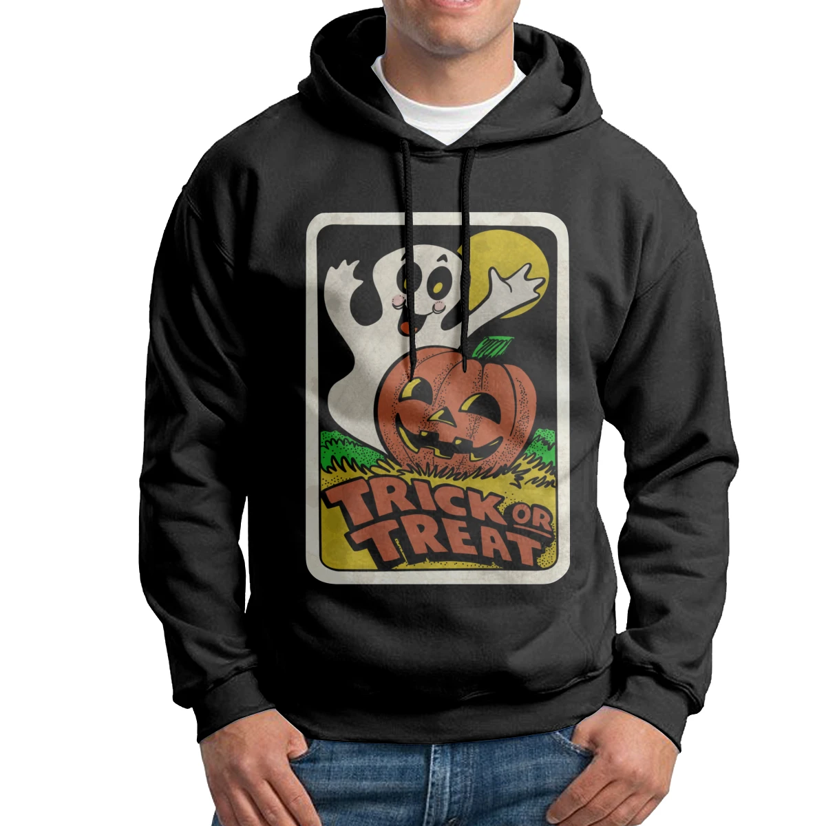

Vintage Halloween Trick Or Treat Ghost With Pumpkin Hoodies Men Hipster Pullovers Purified Cotton Grey Hooded Sweatshirt