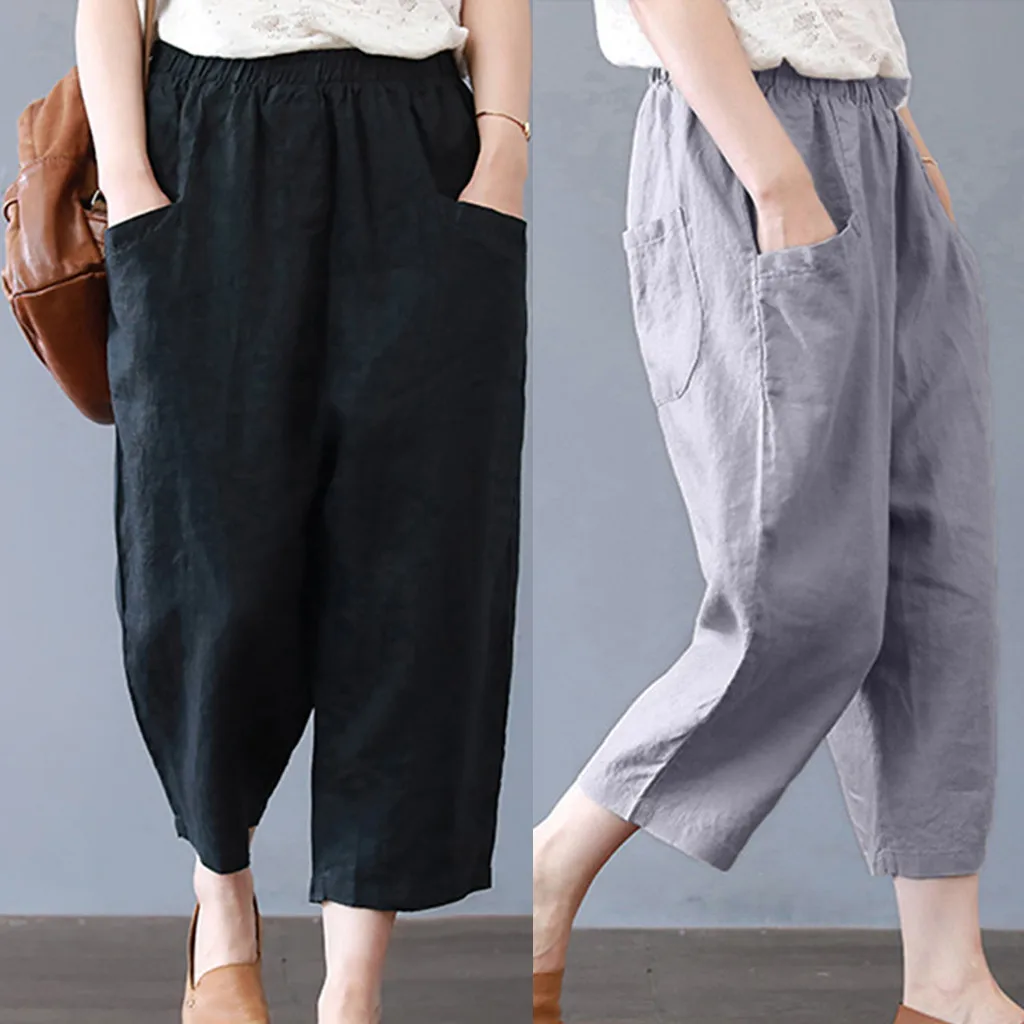 Женские эластичные длинные брюки Bequeme mode damen hosen однотонные из хлопка и льна M 3XL