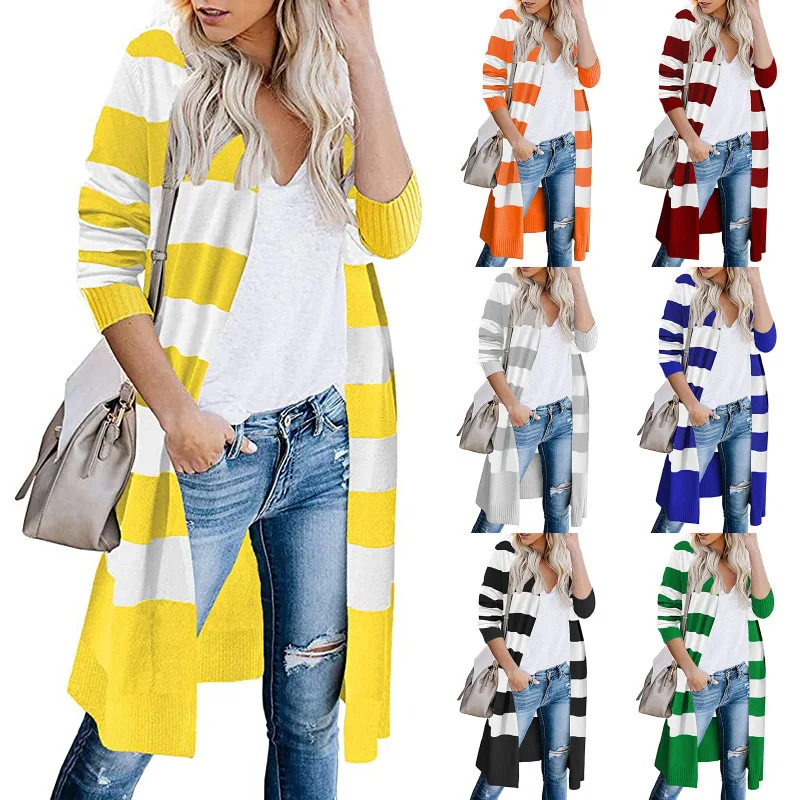 

Fashion New Spring Autumn Women Sweater Striped Color Block Draped Loose Cardigan Long Sleeve Casual Knit Sweater Coat