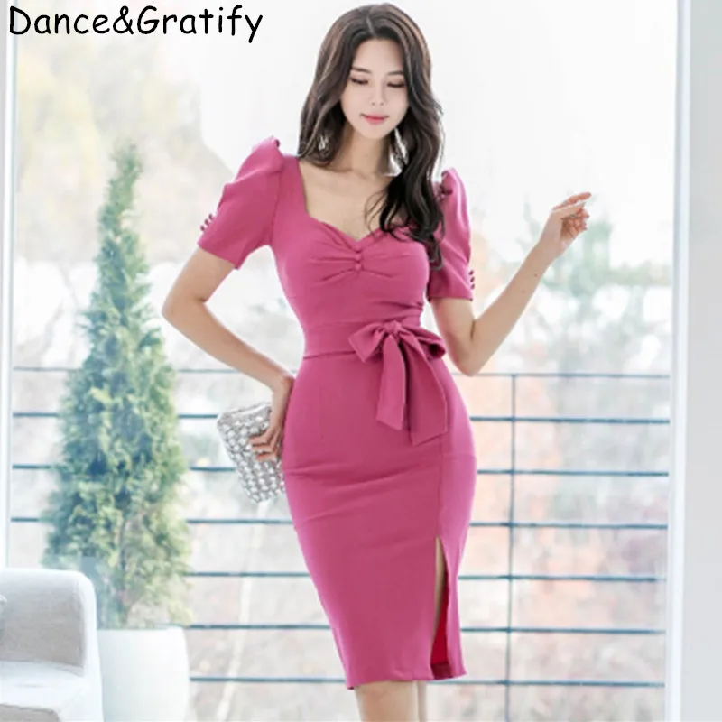 

Женское платье-карандаш на шнуровке, повседневное облегающее платье с коротким рукавом и бантом, модель 2020 в Корейском стиле на лето