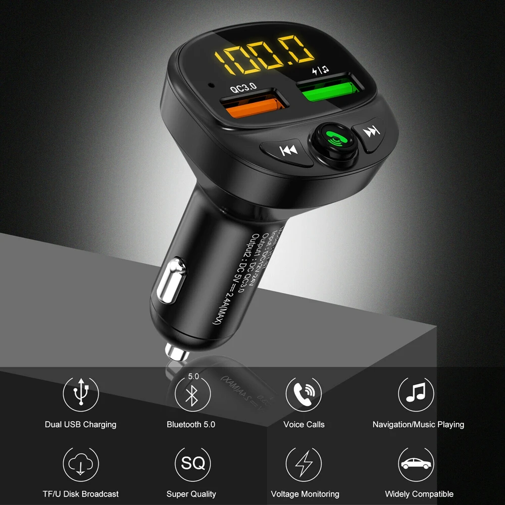 

QC3.0 Fast Charge Car FM Transmitter Hands-free Bluetooth 5.0 Car Kit FM Modulator V5.0 Car Charger Adapter Double USB