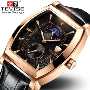 hot sell tevise brand men quartz watch top fashion luxury moon phase genuine leather watches for gift relogio masculino free global shipping