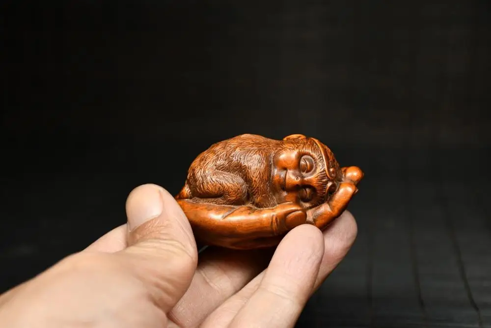 

Home Decor 3" China Collection Old Boxwood Bergamot monkey buddha statue Monkey King Wood Carving Monkey King Amitabha Buddha St