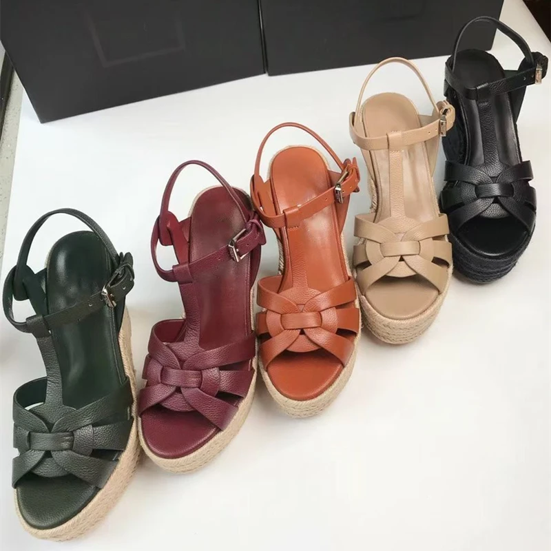 

Women Lady Black Brown Leather Weave high heels shoes pumps studded Cataclou Platform Wedge Sandals Strap wedge Slingback